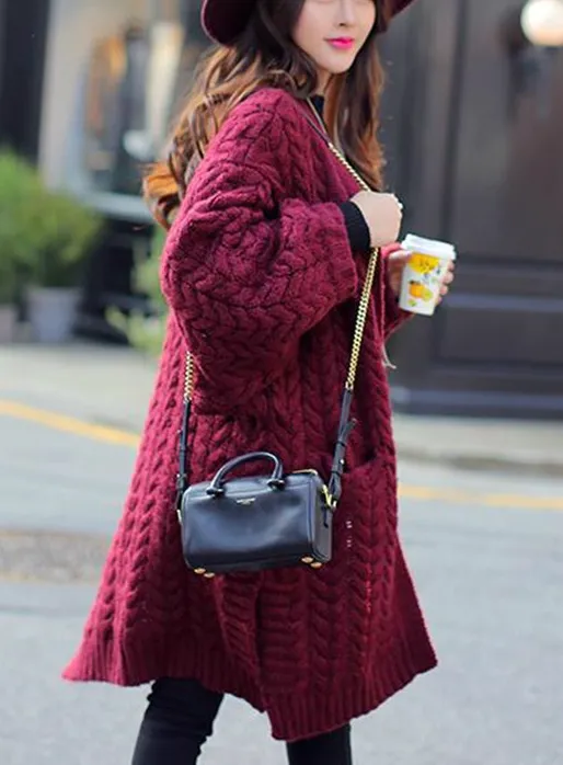 Batwing Cable Dropped Shoulder Long Split Solid Sweater