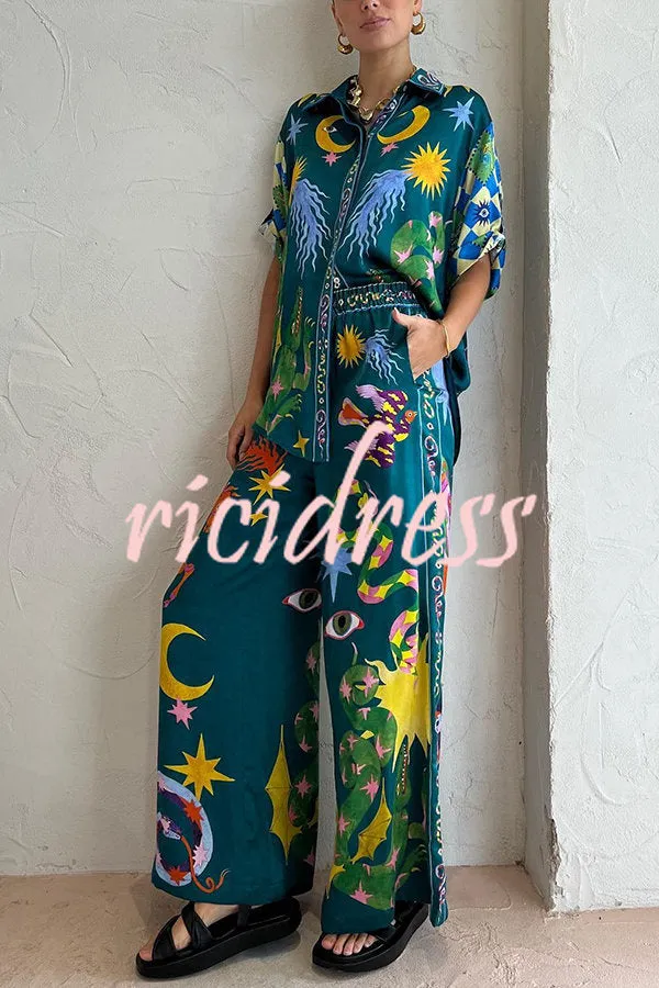 Beachy Chic Linen Blend Unique Print Button Down Oversized Blouse