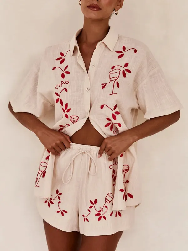 Blue Zone Planet |  3D embroidered comfortable shirt short suit