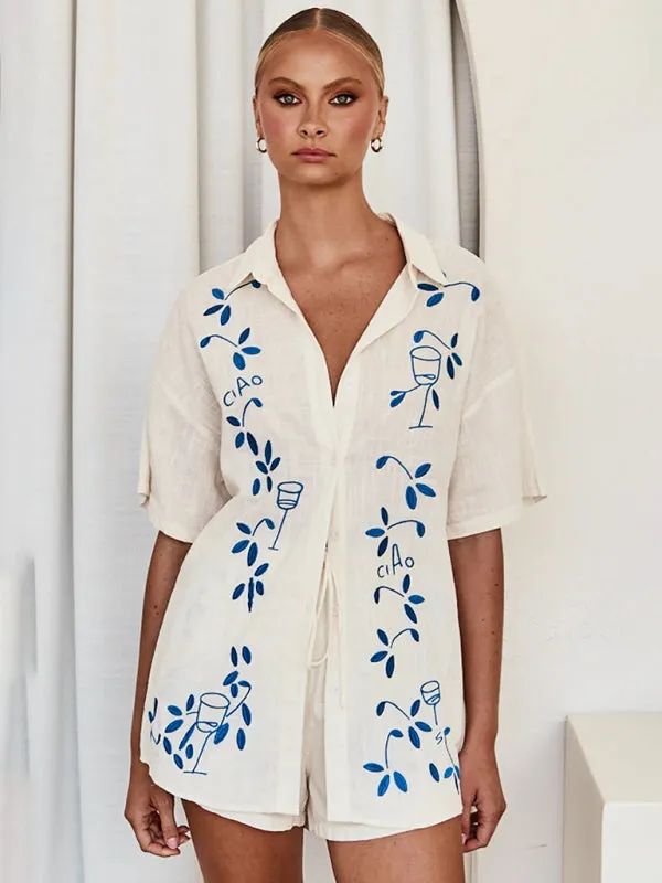 Blue Zone Planet |  3D embroidered comfortable shirt short suit