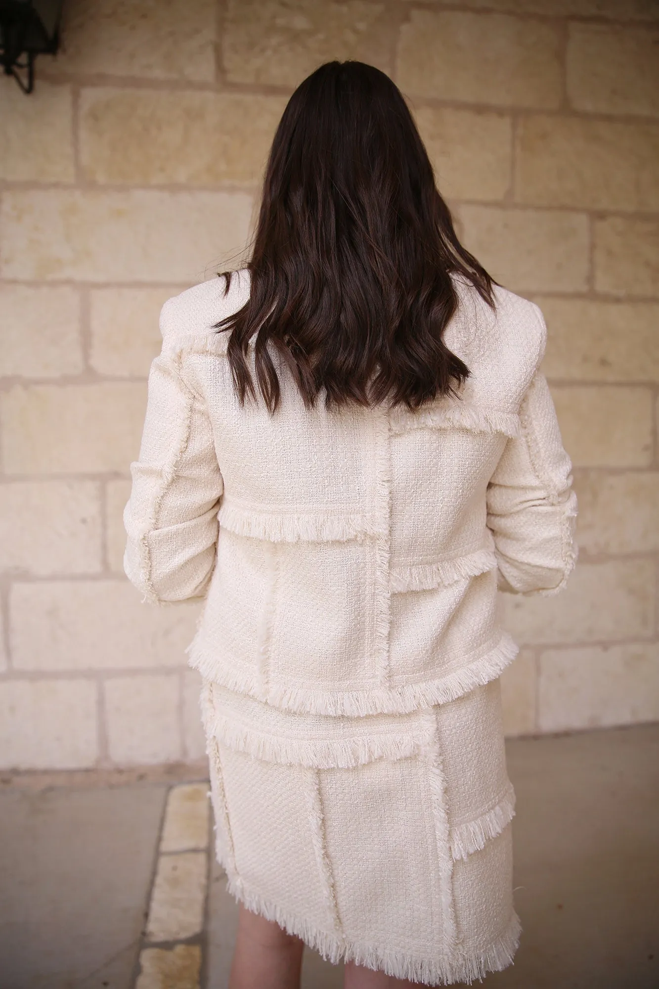 Bouclé Tweed Hand-Fringed Patchwork Mini Skirt Cloud