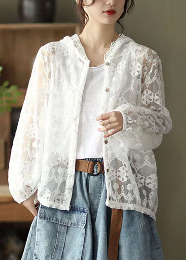 Boutique White Hooded Lace UPF 50  Coat Cardigans Summer