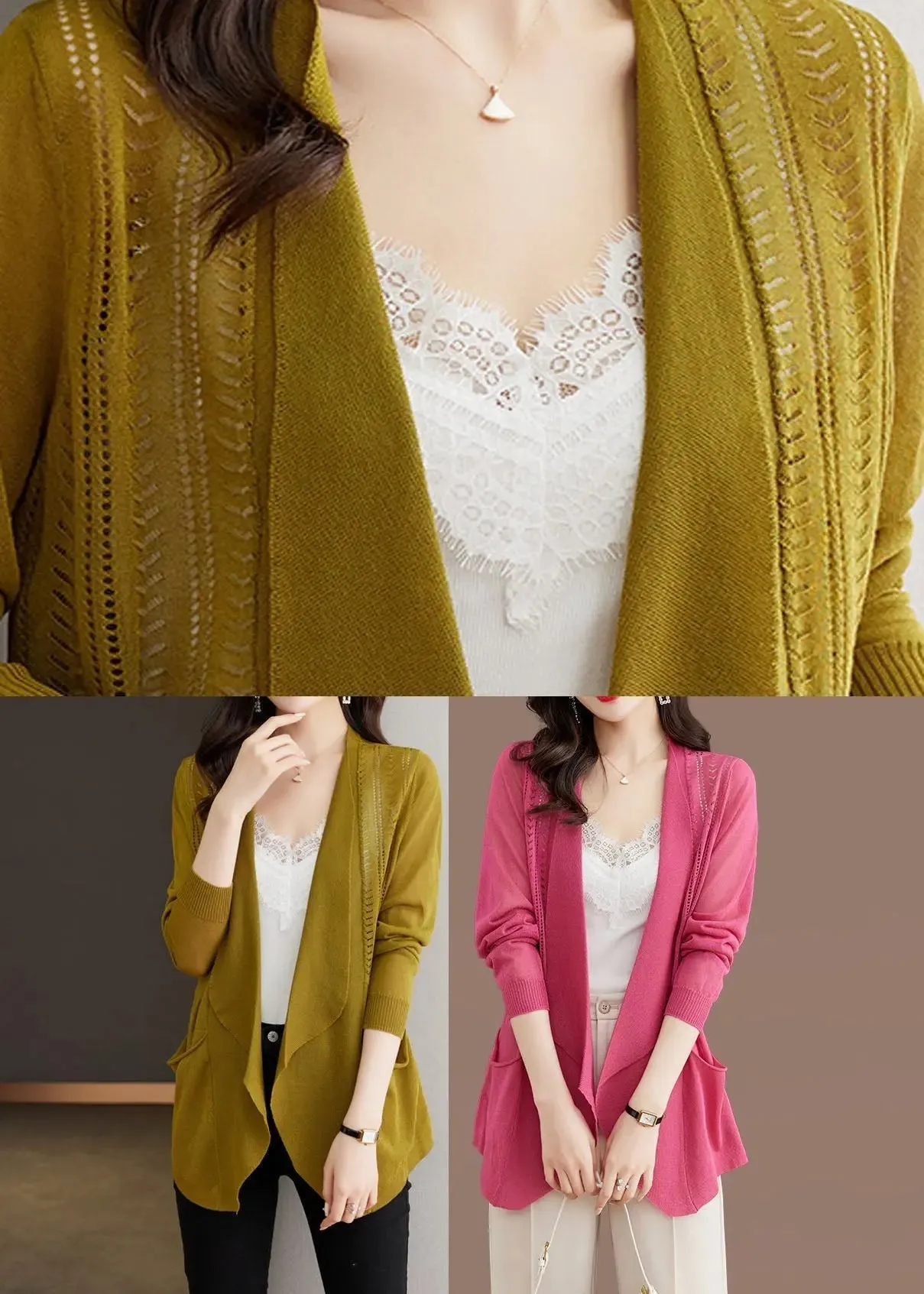 Brief Rose Notched Pockets Ice Size Knit Cardigans Summer LY8115