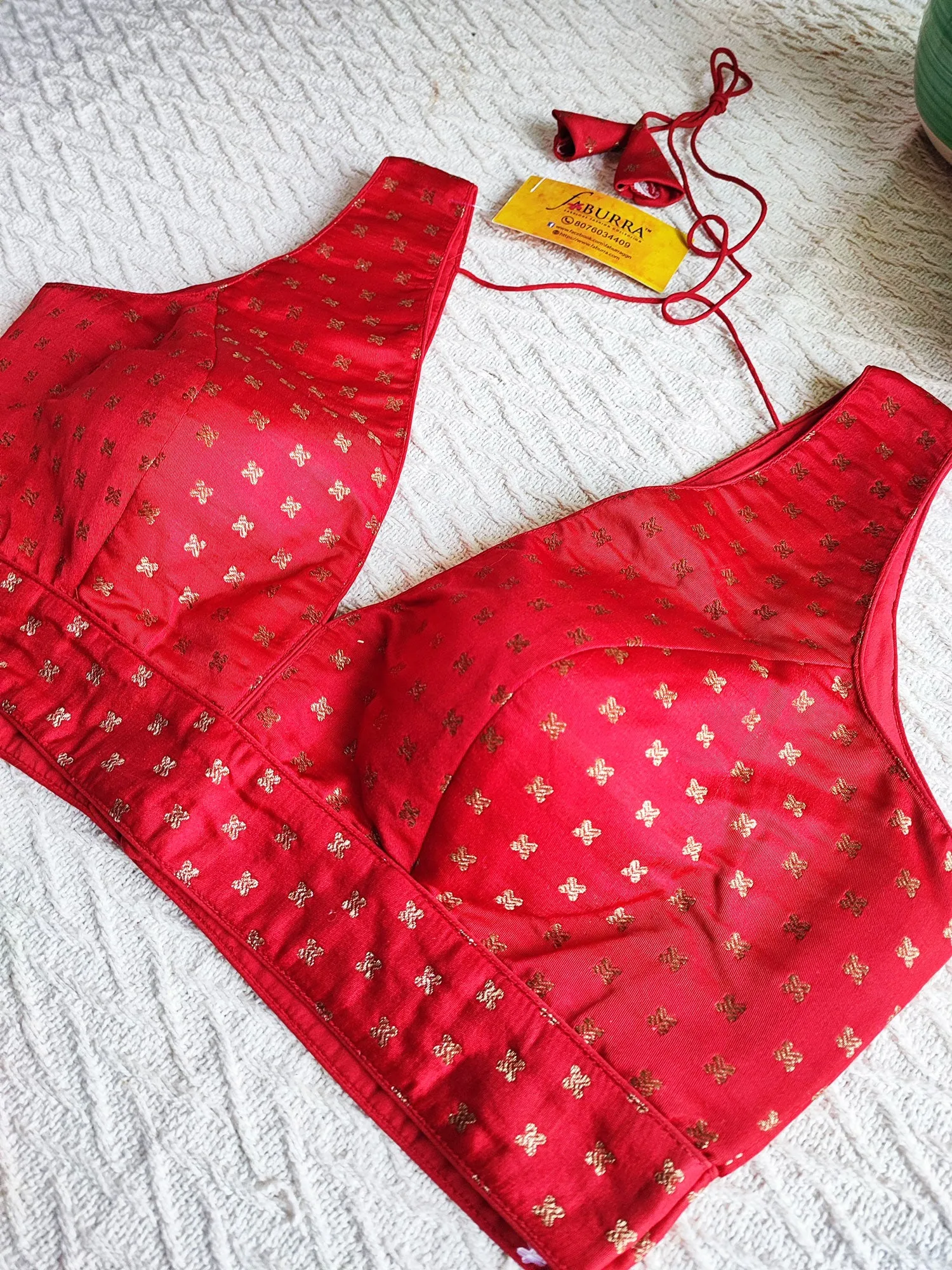 Candy Red Brocade Padded Sleeveless Blouse (With Attachable Sleeves)