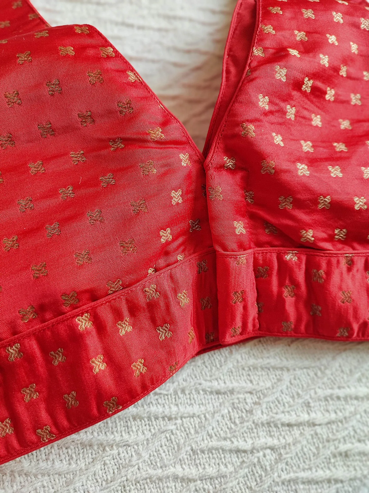 Candy Red Brocade Padded Sleeveless Blouse (With Attachable Sleeves)