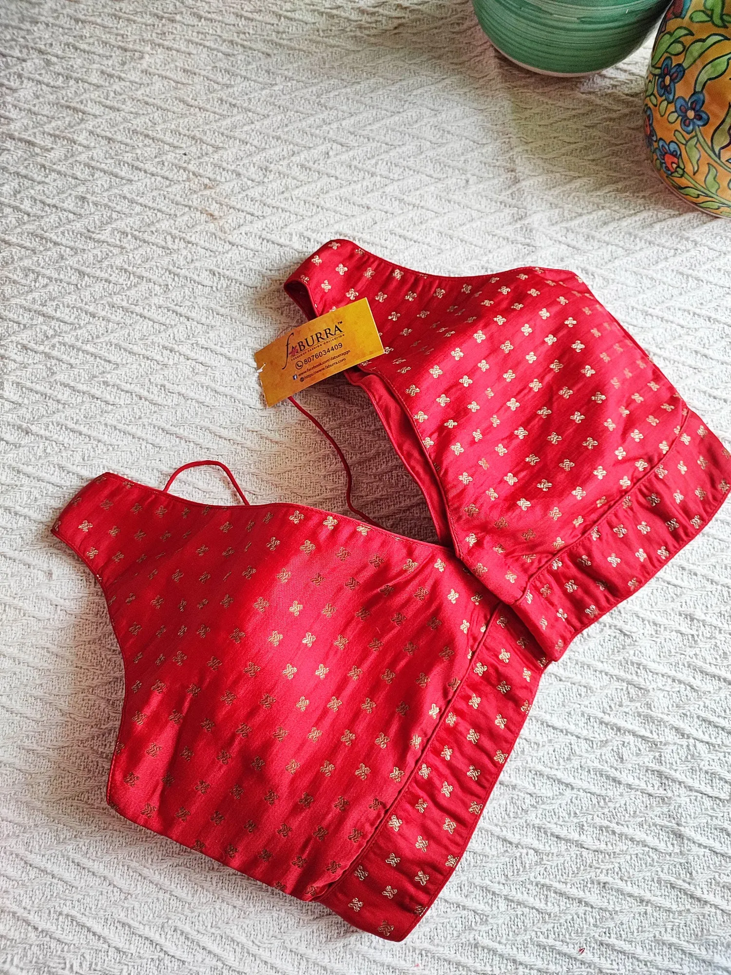 Candy Red Brocade Padded Sleeveless Blouse (With Attachable Sleeves)