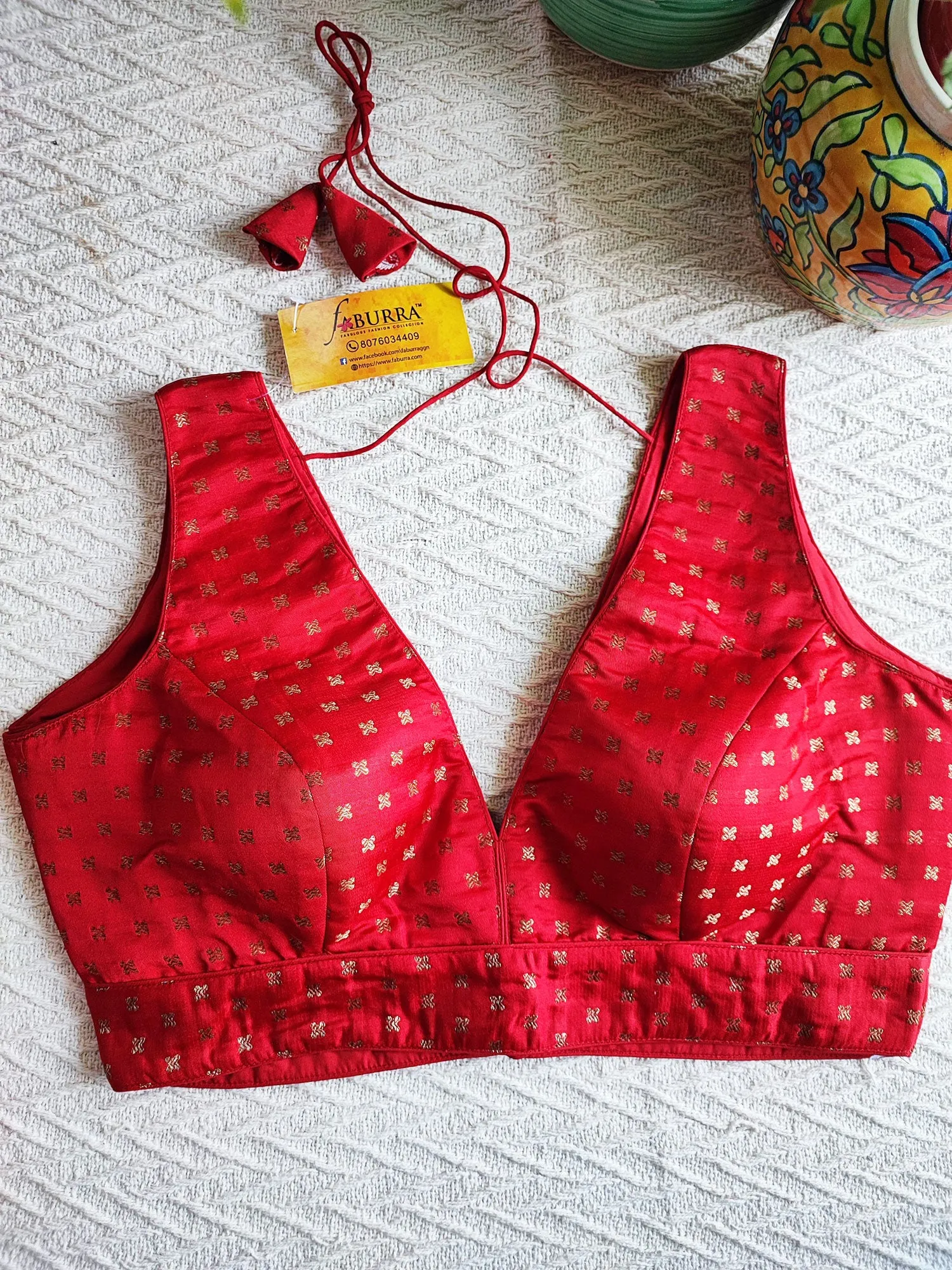 Candy Red Brocade Padded Sleeveless Blouse (With Attachable Sleeves)