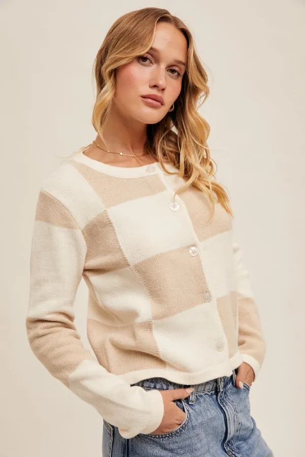 Checker Print Button Down Cardigan