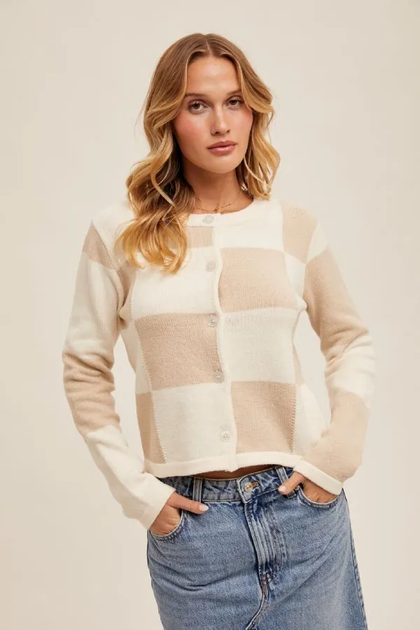 Checker Print Button Down Cardigan