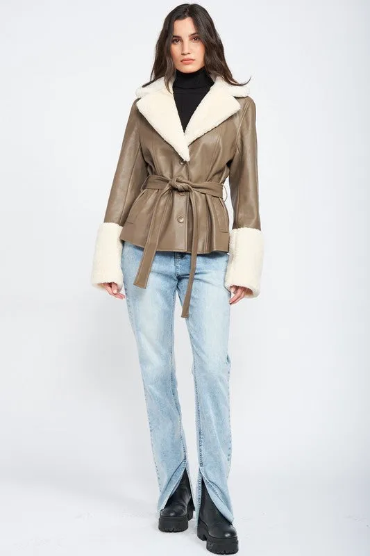 Chic Fashion Stylish Belted Faux Shearing Trimmed Outwear Fashion Jacket