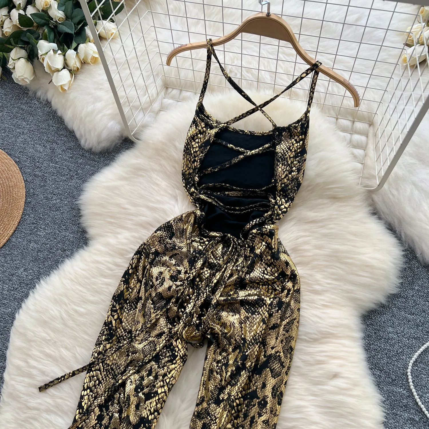 Chic Gold Stamped Slip Jumpsuits