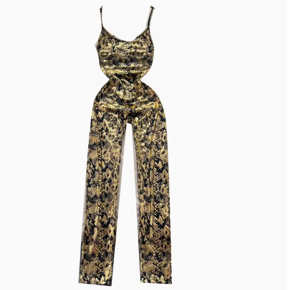 Chic Gold Stamped Slip Jumpsuits