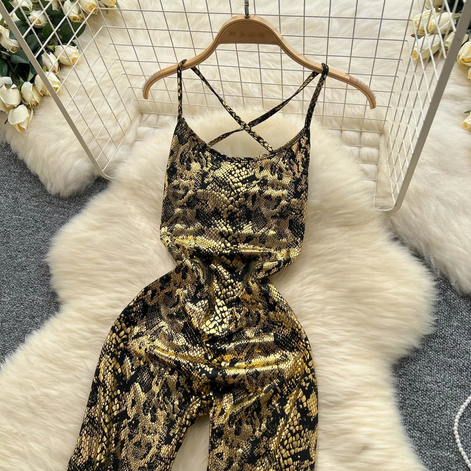 Chic Gold Stamped Slip Jumpsuits