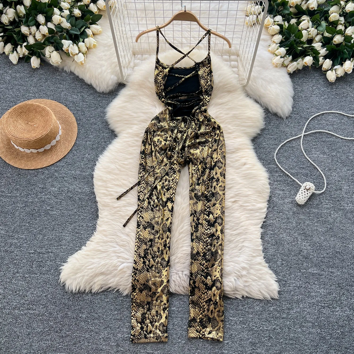 Chic Gold Stamped Slip Jumpsuits