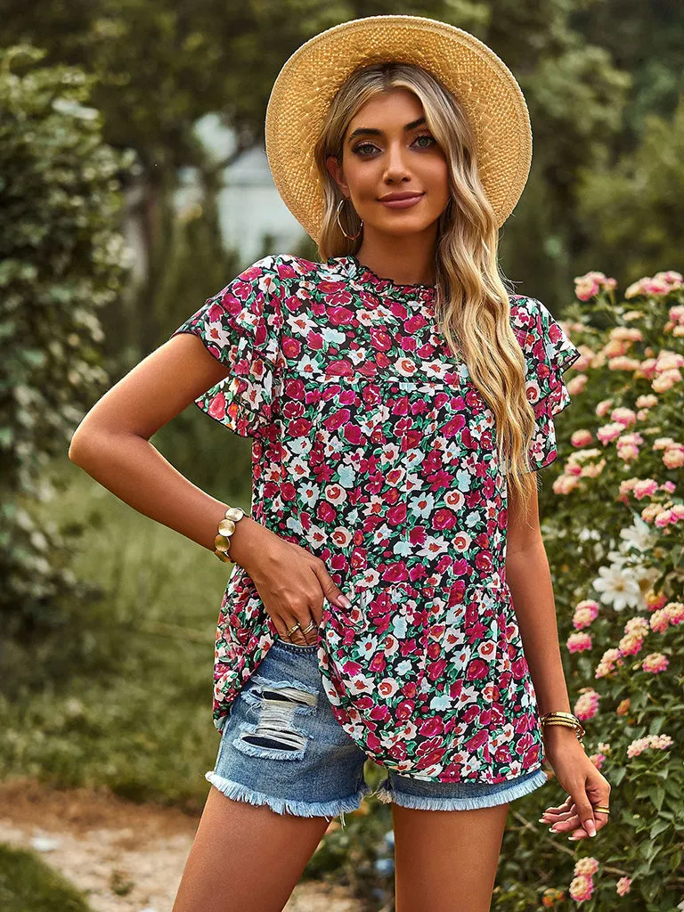 Chic Peplum Silhouette Blouses: Ruffle Neck & Short Petal Sleeves Tops