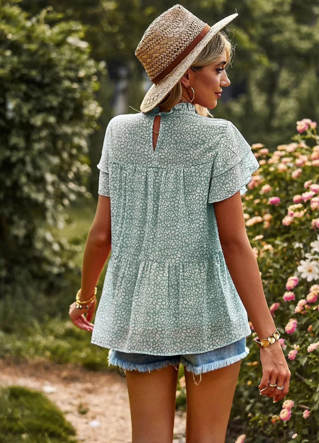 Chic Peplum Silhouette Blouses: Ruffle Neck & Short Petal Sleeves Tops
