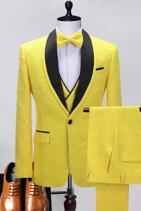 Chic Yellow Shawl Lapel Three Pieces Floral Paisley Jacquard Prom Suits Blazers Set Party Singer Groom