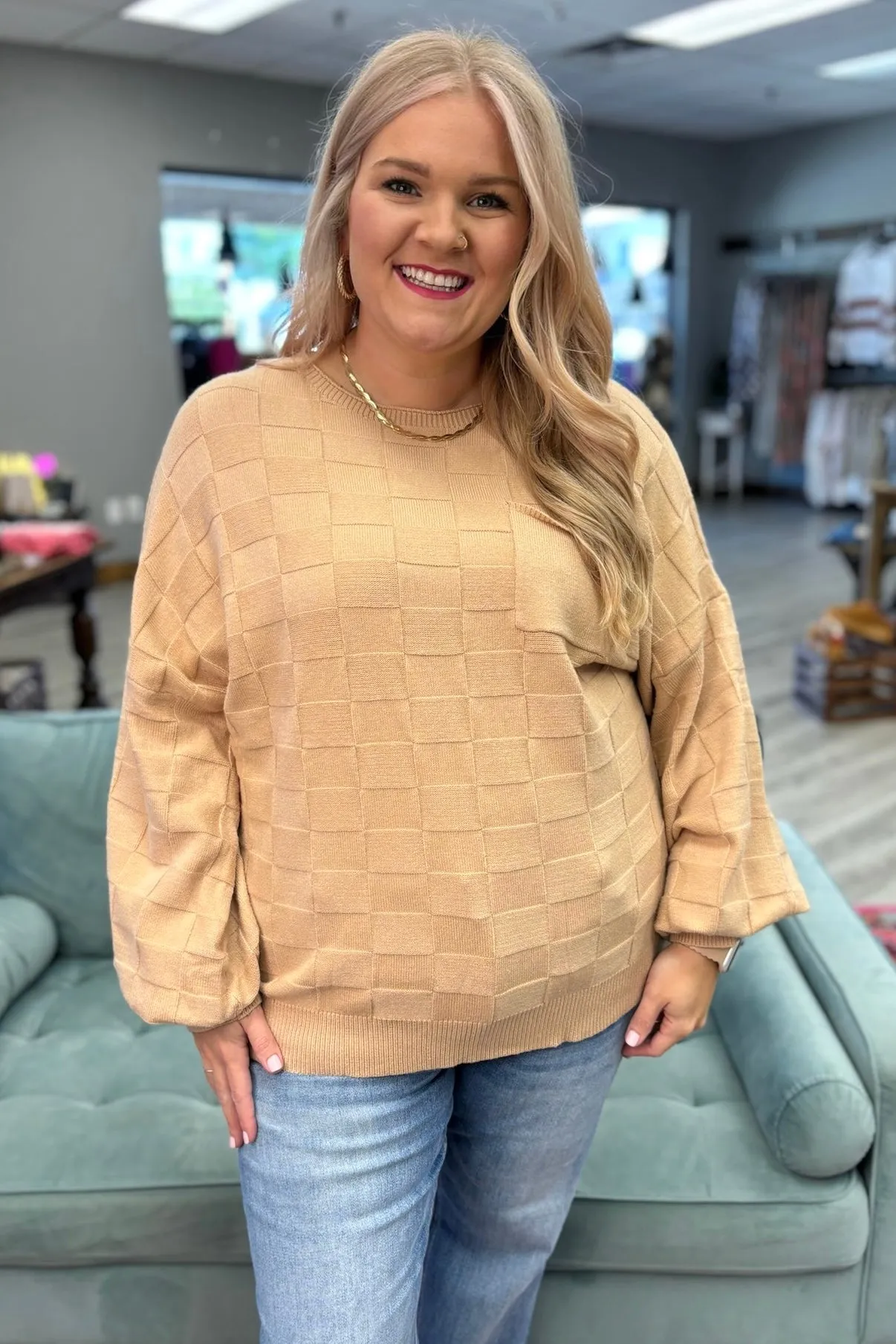 CHLOE Checkered Textured Knit Sweater (Plus Size)