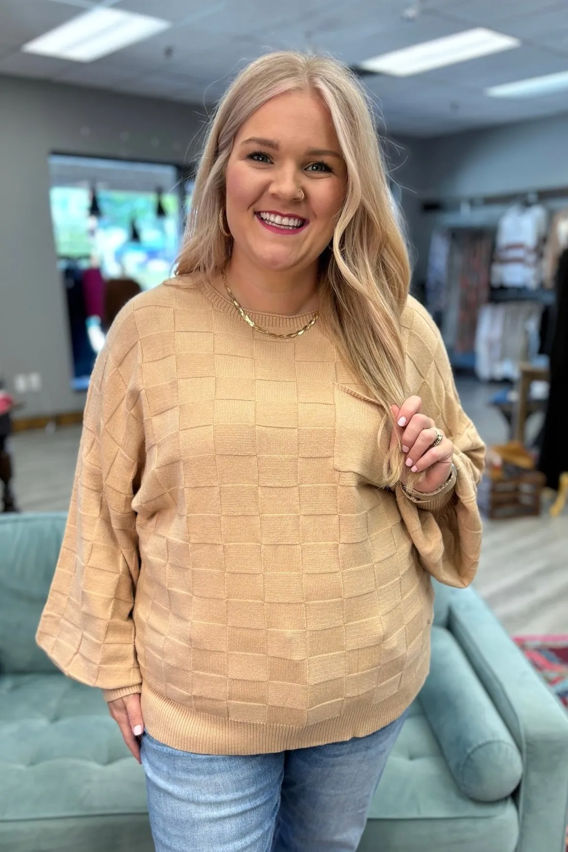 CHLOE Checkered Textured Knit Sweater (Plus Size)