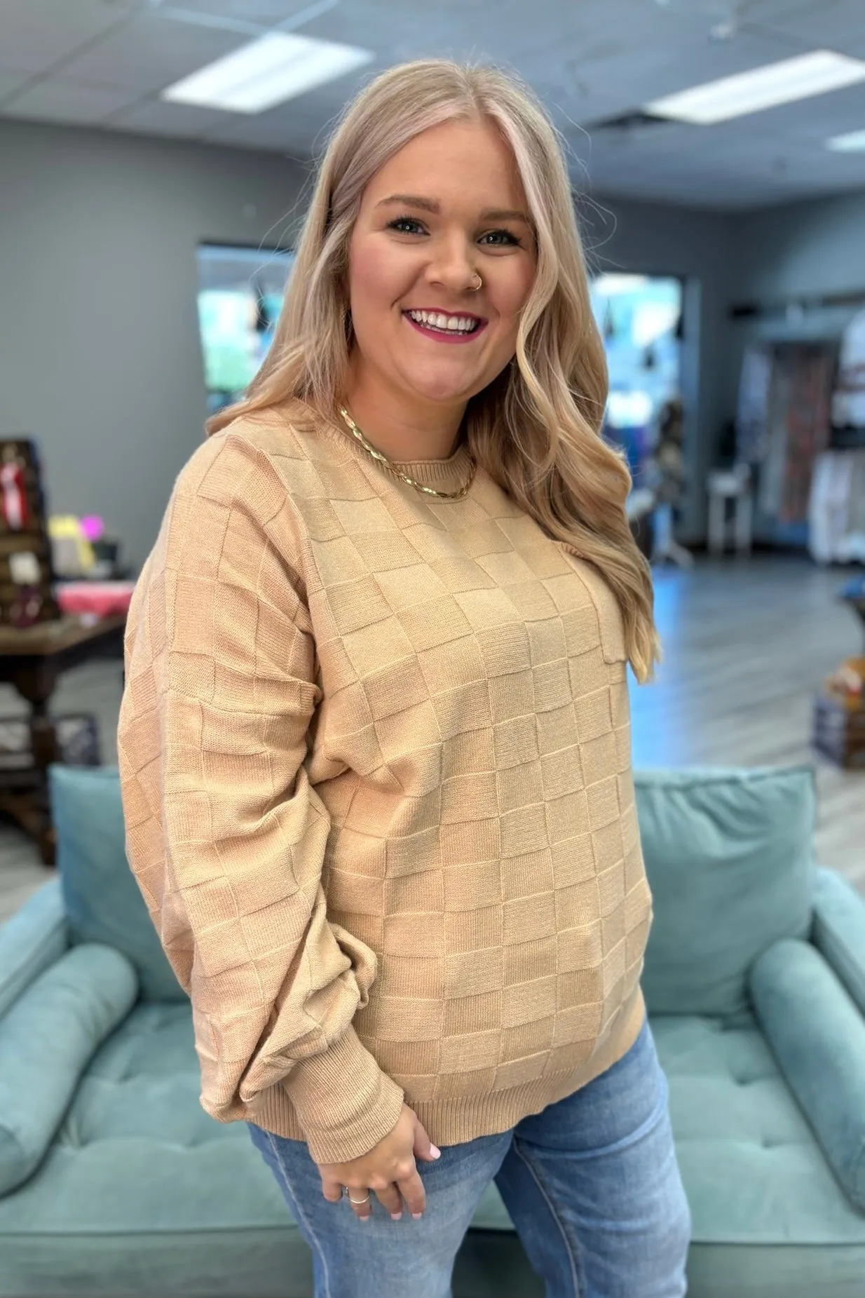 CHLOE Checkered Textured Knit Sweater (Plus Size)
