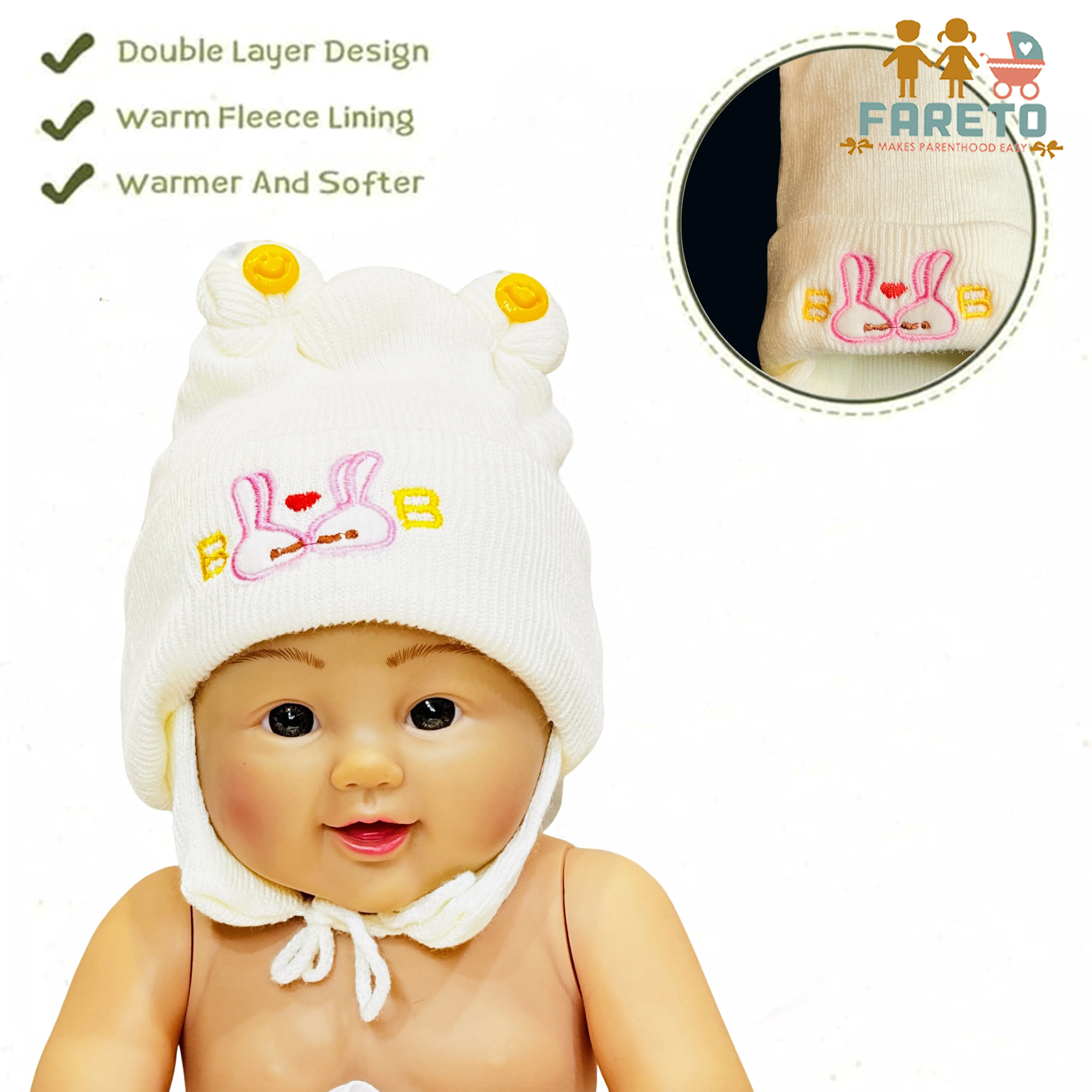 Fareto New Born Baby Super Warm Winter Wollen Cap (Pack of 3)(0-4 months) Colours and designs may vary.