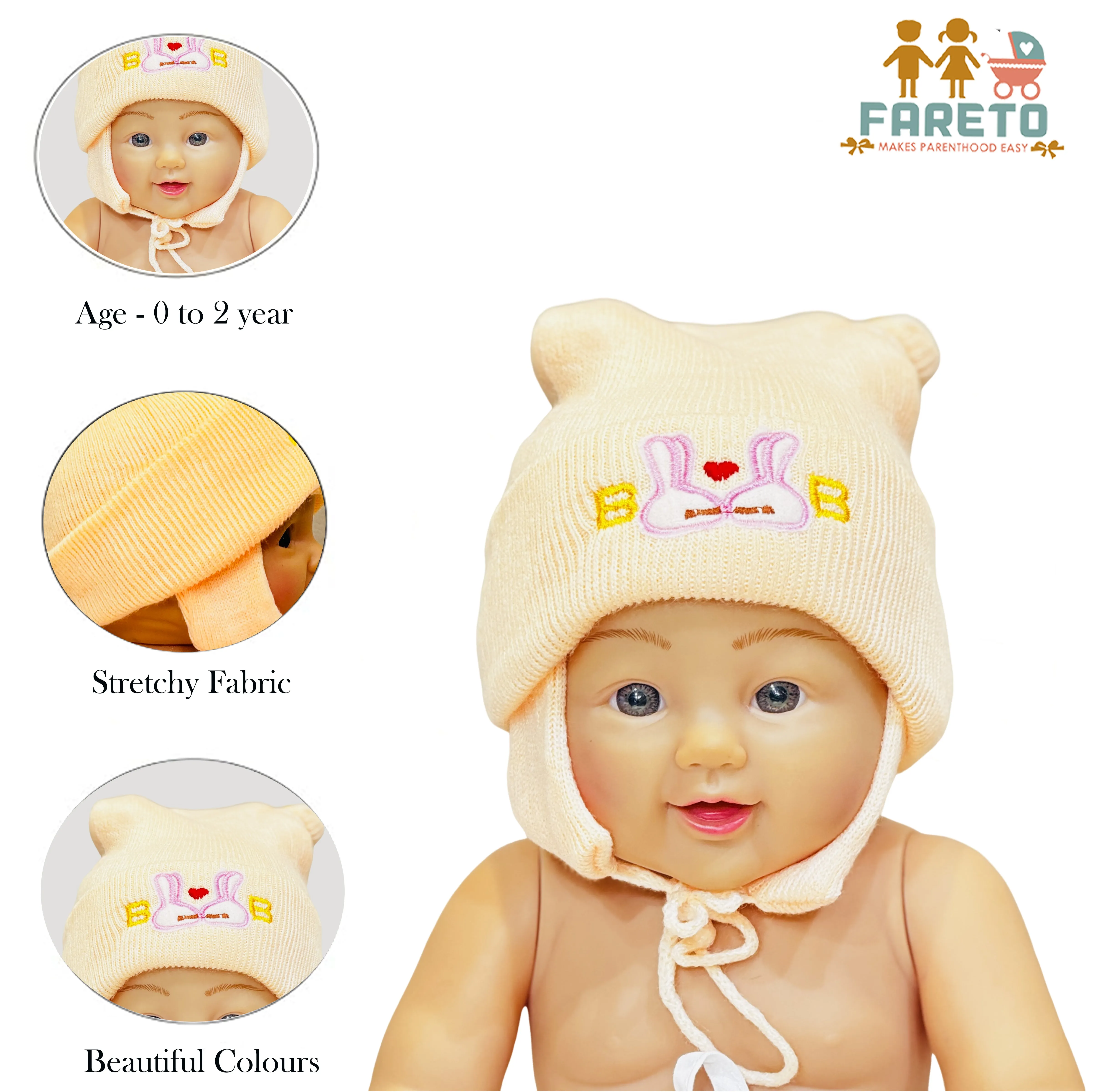 Fareto New Born Baby Super Warm Winter Wollen Cap (Pack of 3)(0-4 months) Colours and designs may vary.