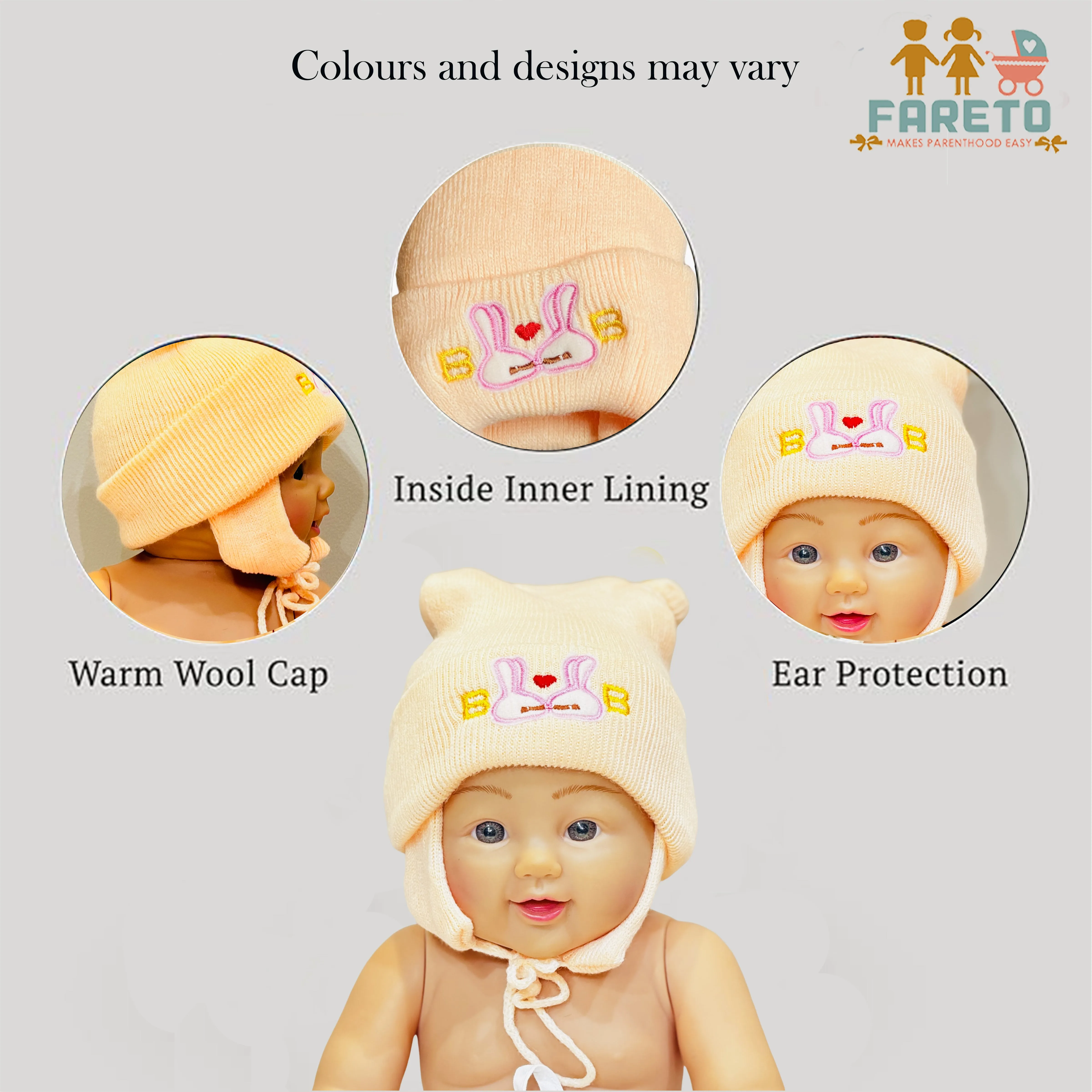 Fareto New Born Baby Super Warm Winter Wollen Cap (Pack of 3)(0-4 months) Colours and designs may vary.