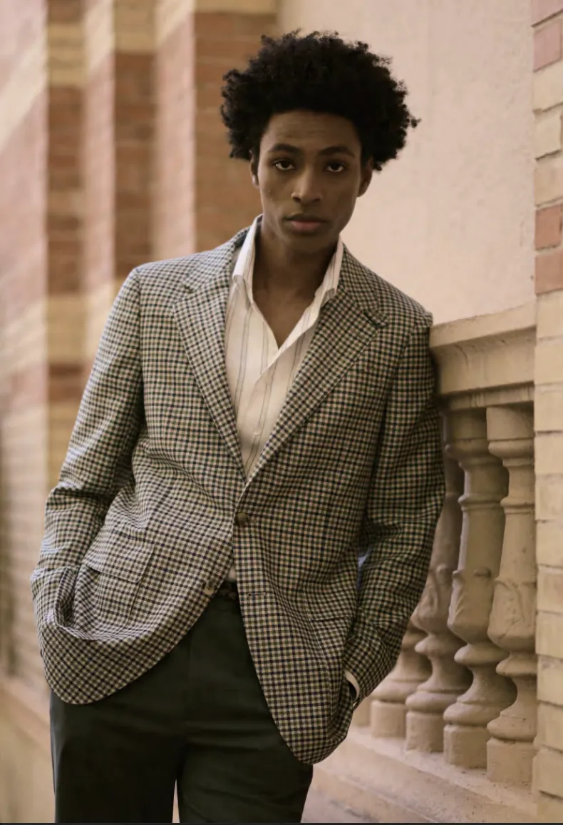 Italian Ivory Green & Navy Check Wool & Linen & Silk Jacket Plus Dark Green Chino Trousers