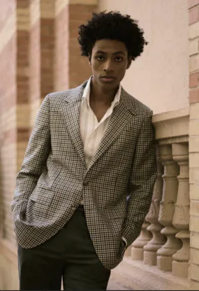 Italian Ivory Green & Navy Check Wool & Linen & Silk Jacket Plus Dark Green Chino Trousers