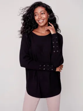 Knit Sweater with Lace-up Cuffs - Black