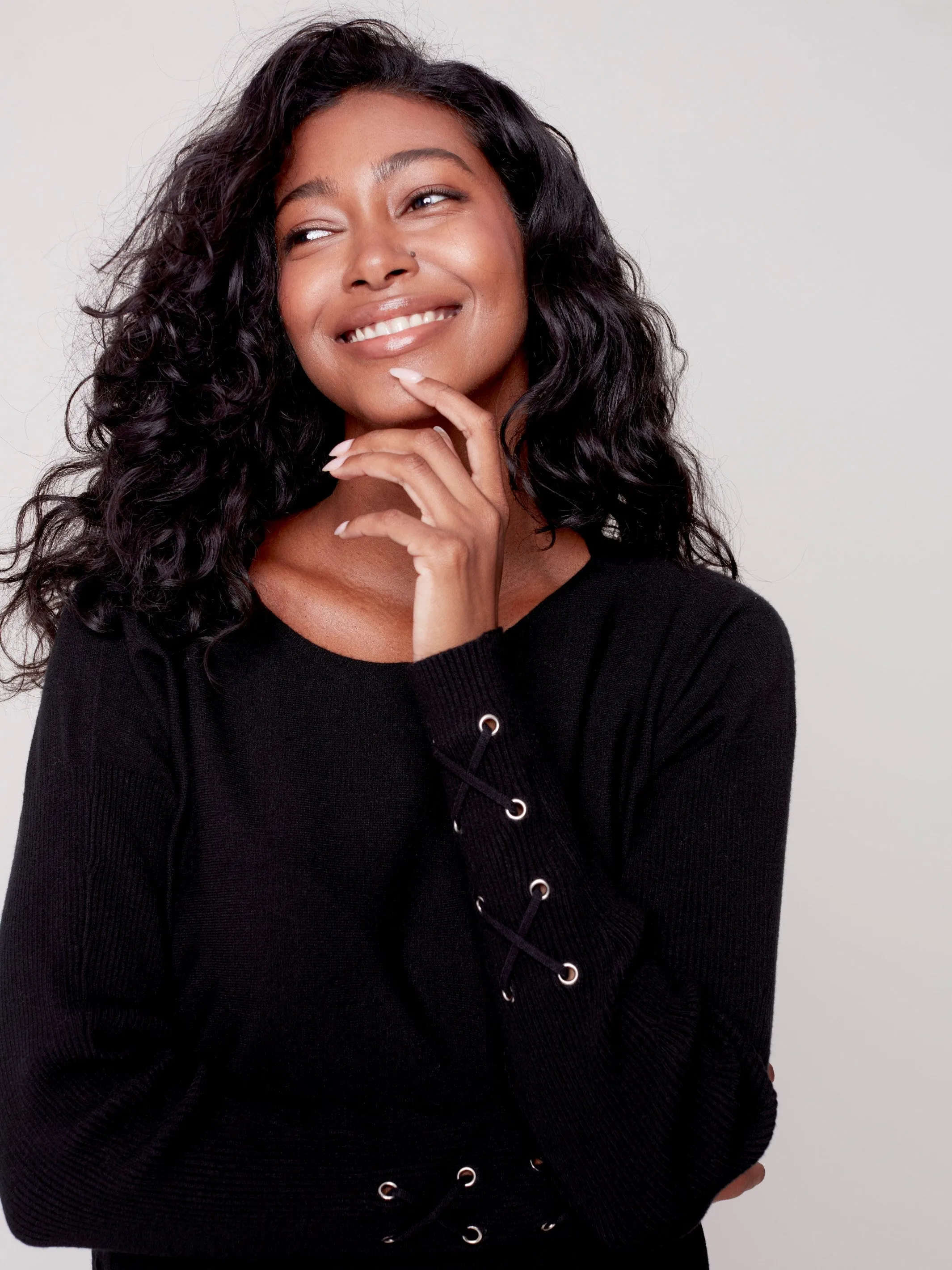 Knit Sweater with Lace-up Cuffs - Black