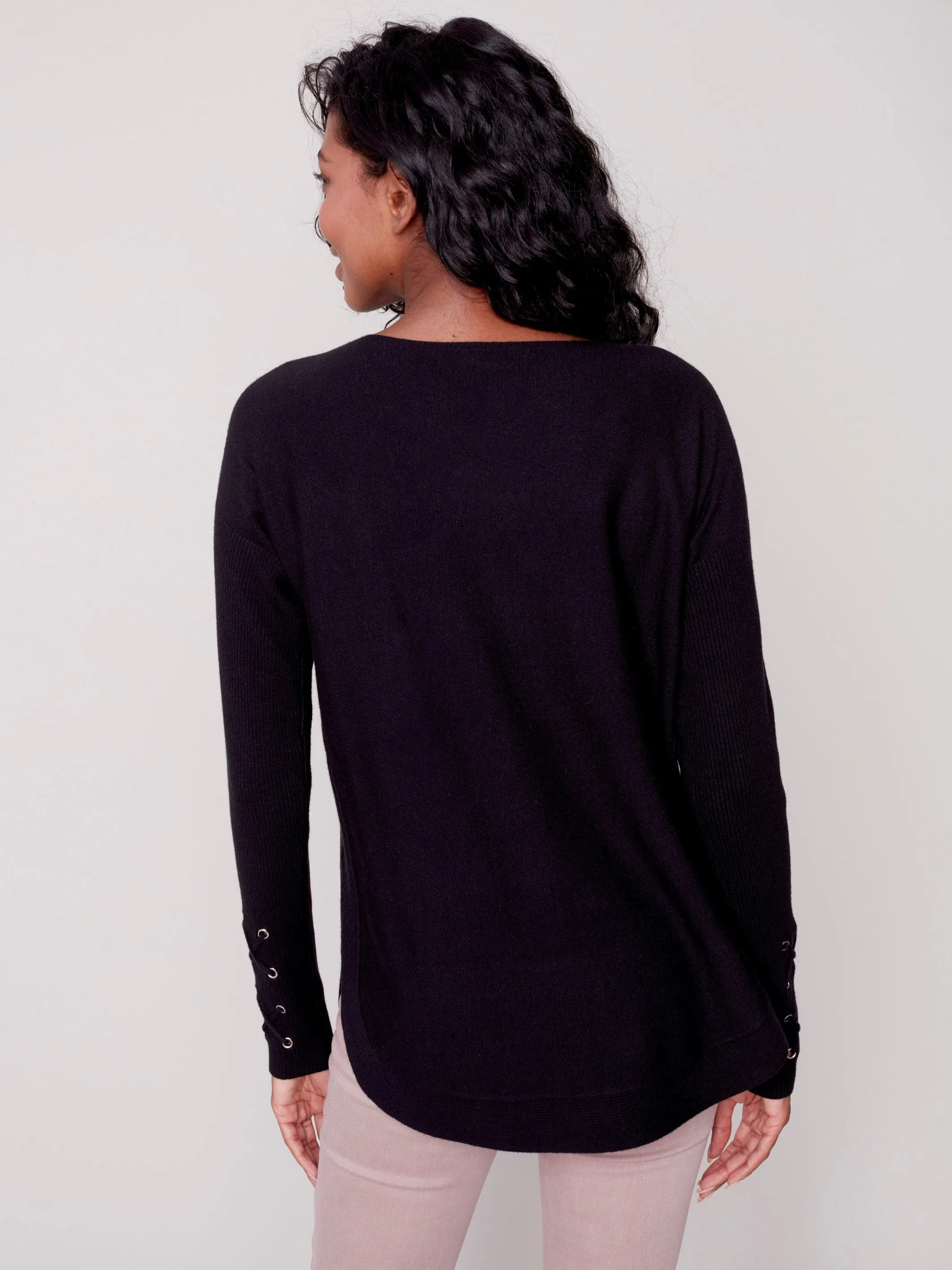 Knit Sweater with Lace-up Cuffs - Black