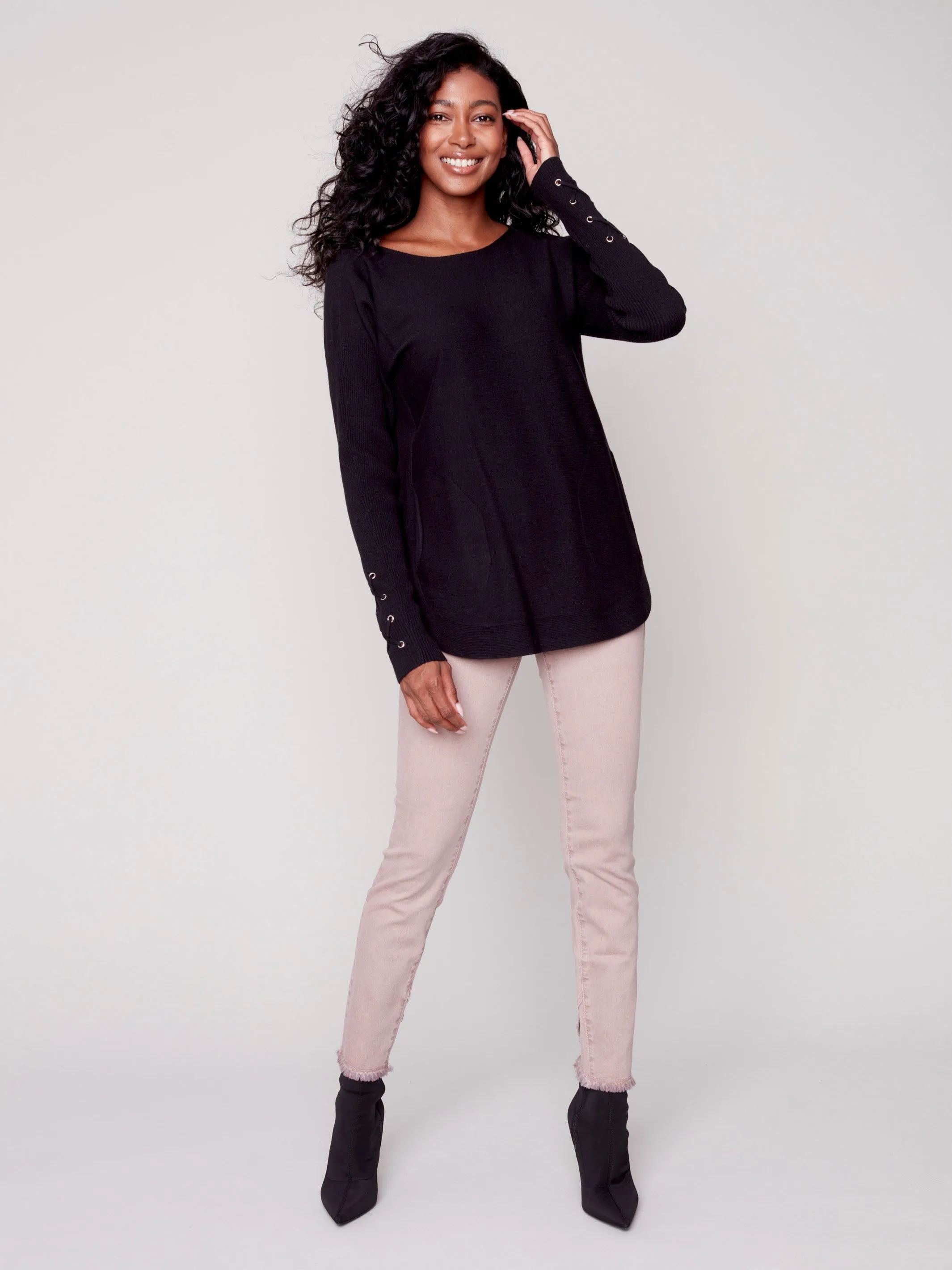 Knit Sweater with Lace-up Cuffs - Black