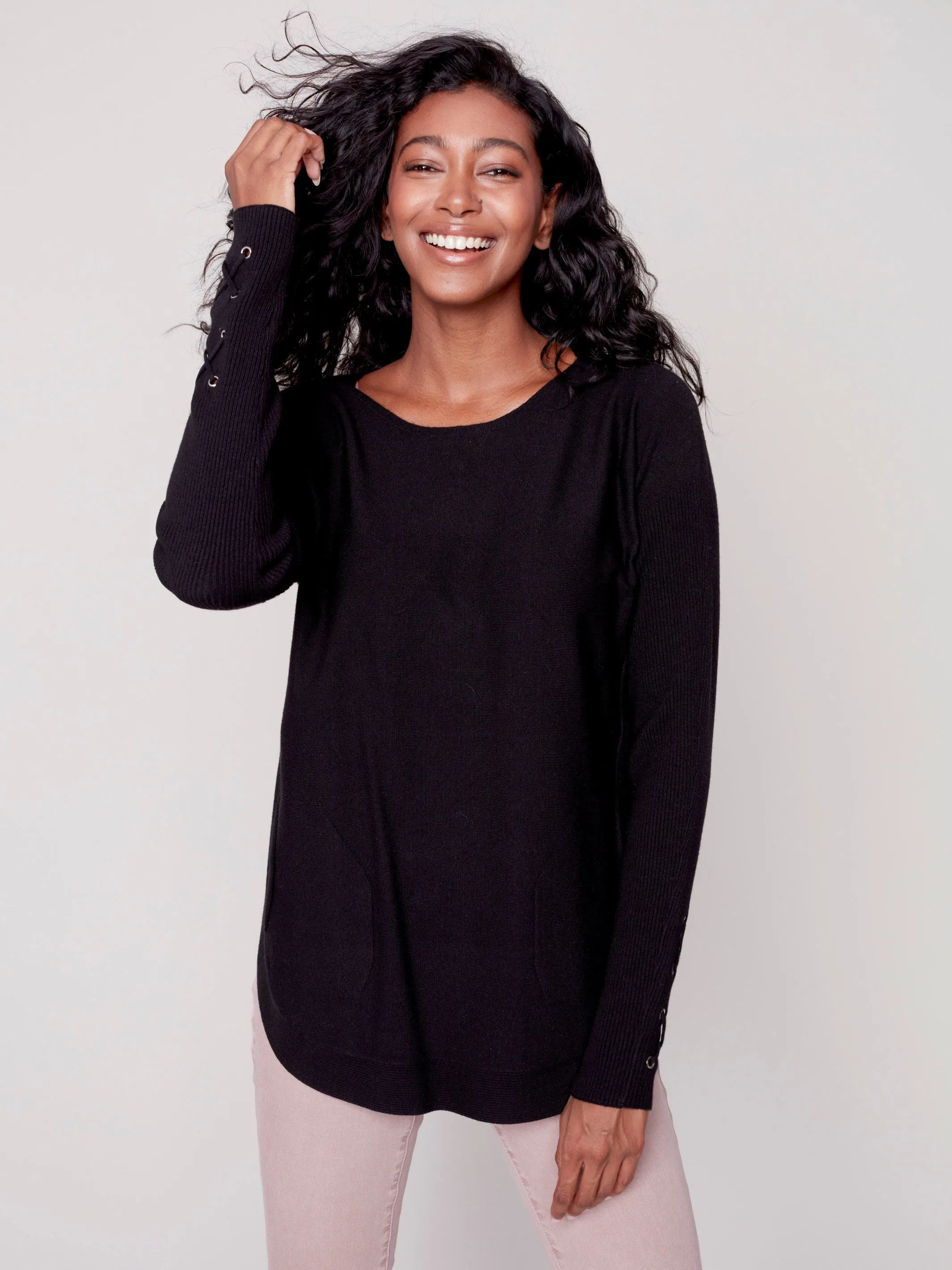 Knit Sweater with Lace-up Cuffs - Black