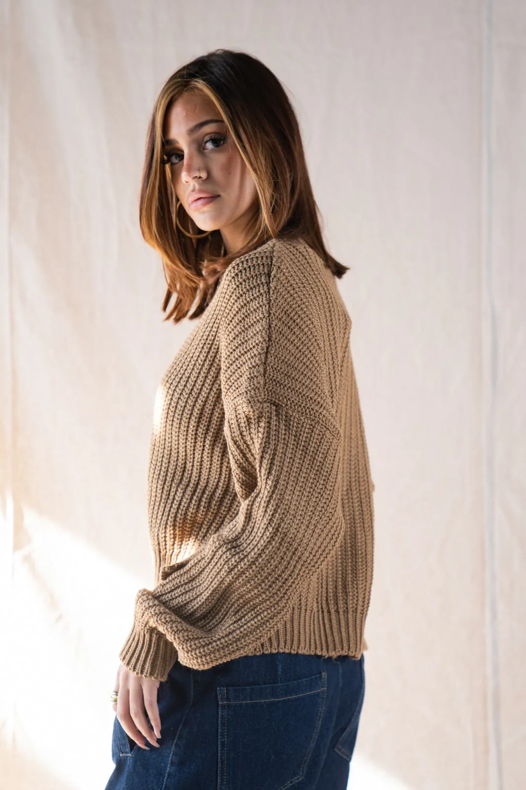 Knitted Cropped Sweater In Camel