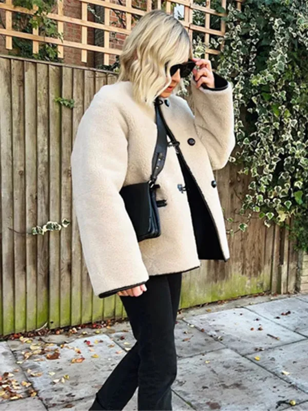 Lamb Wool Warm Coat - Single-breasted A-line Cotton