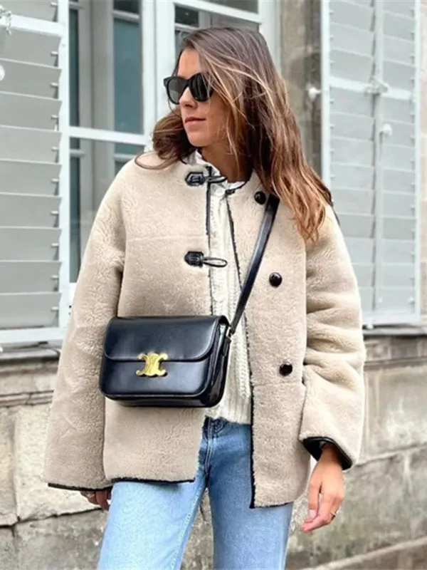 Lamb Wool Warm Coat - Single-breasted A-line Cotton