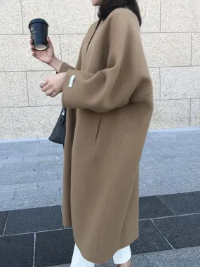 Long Sleeves Loose Solid Color Collarless Woolen Coat 127115