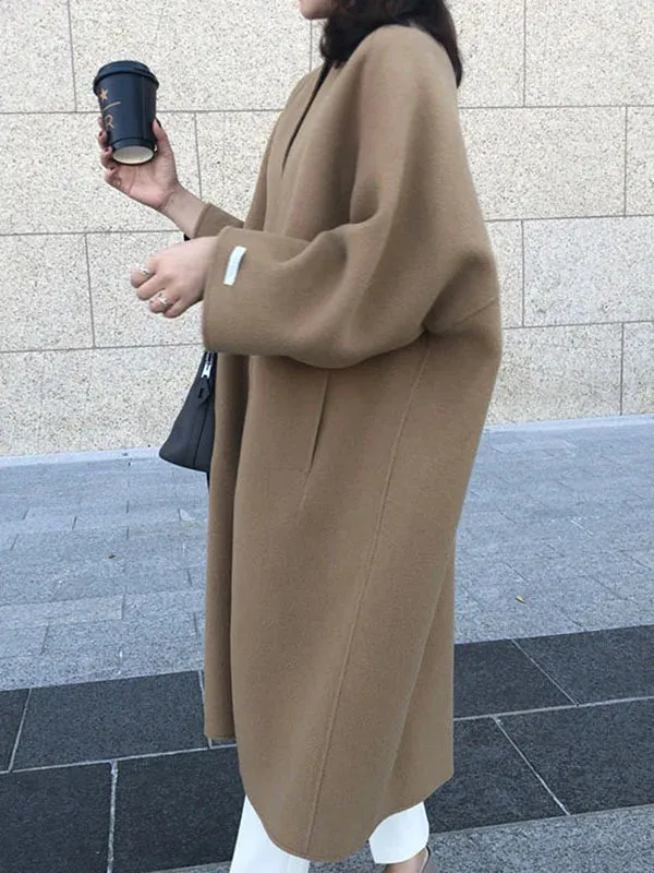 Long Sleeves Loose Solid Color Collarless Woolen Coat 127115