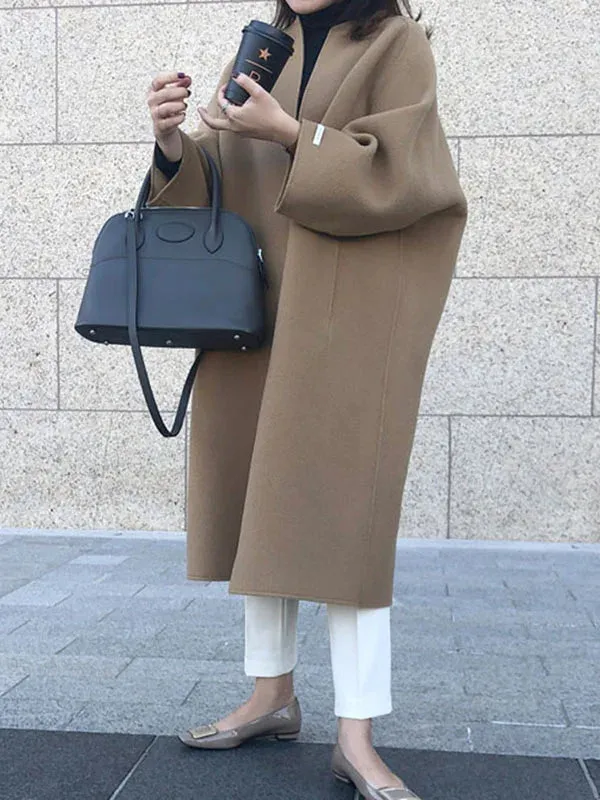 Long Sleeves Loose Solid Color Collarless Woolen Coat 127115