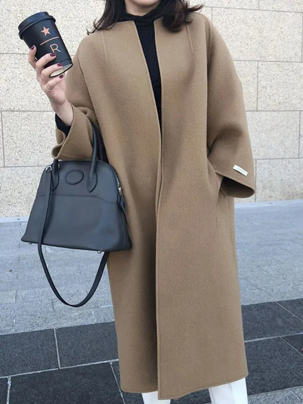 Long Sleeves Loose Solid Color Collarless Woolen Coat 127115