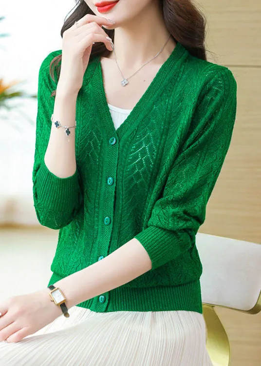 Loose Green V Neck Hollow Out Button Patchwork Knit Cardigans Fall LY9211