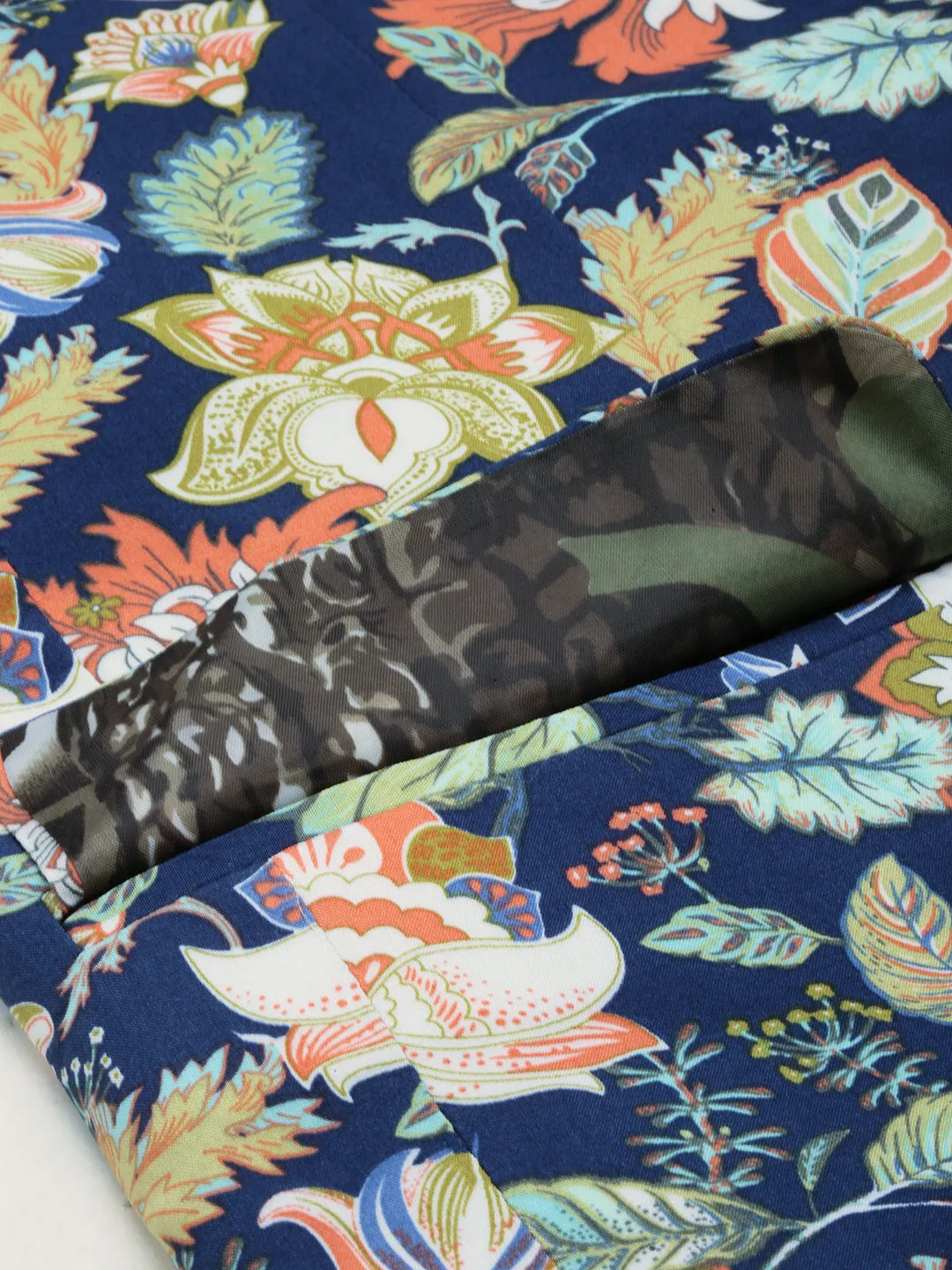 Men Mandarin Collar Printed Blue Blazer