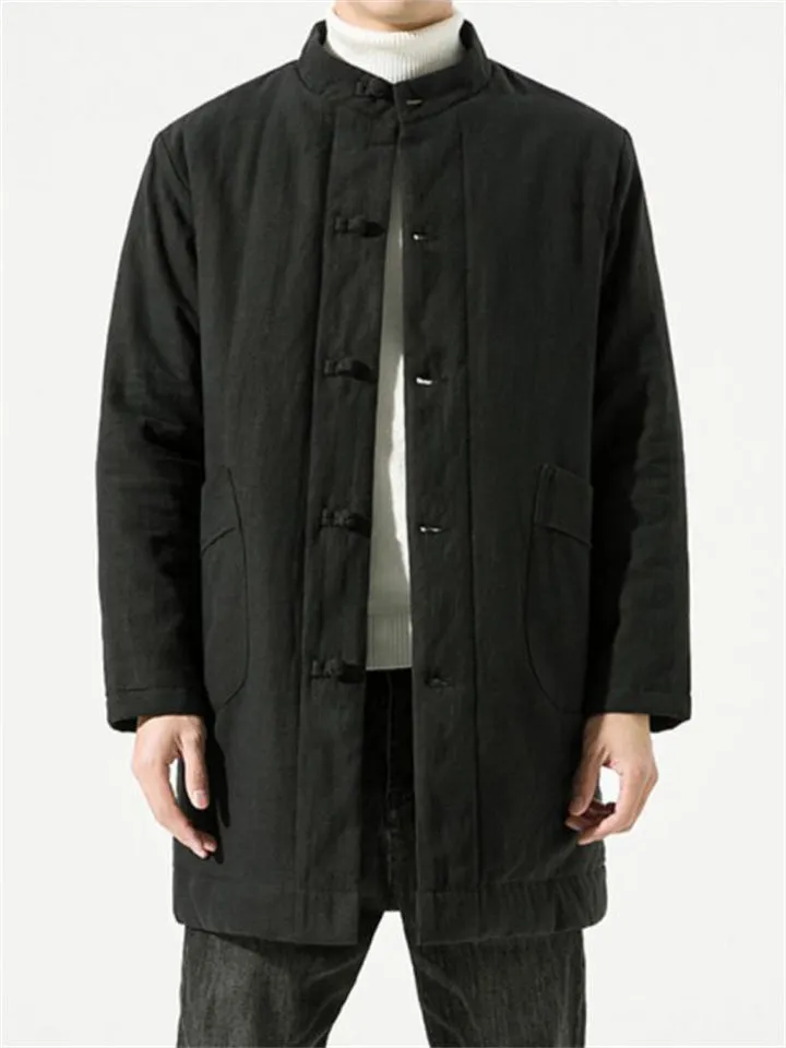 Men's Plain Winter Stand Collar Button Warm Cotton Coat