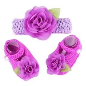Newborn Collection (Set) :  Purple Flowers Woolen Shoes & Headband For Newborn Baby Girl (In One Set)! (Item Code : NCP2)