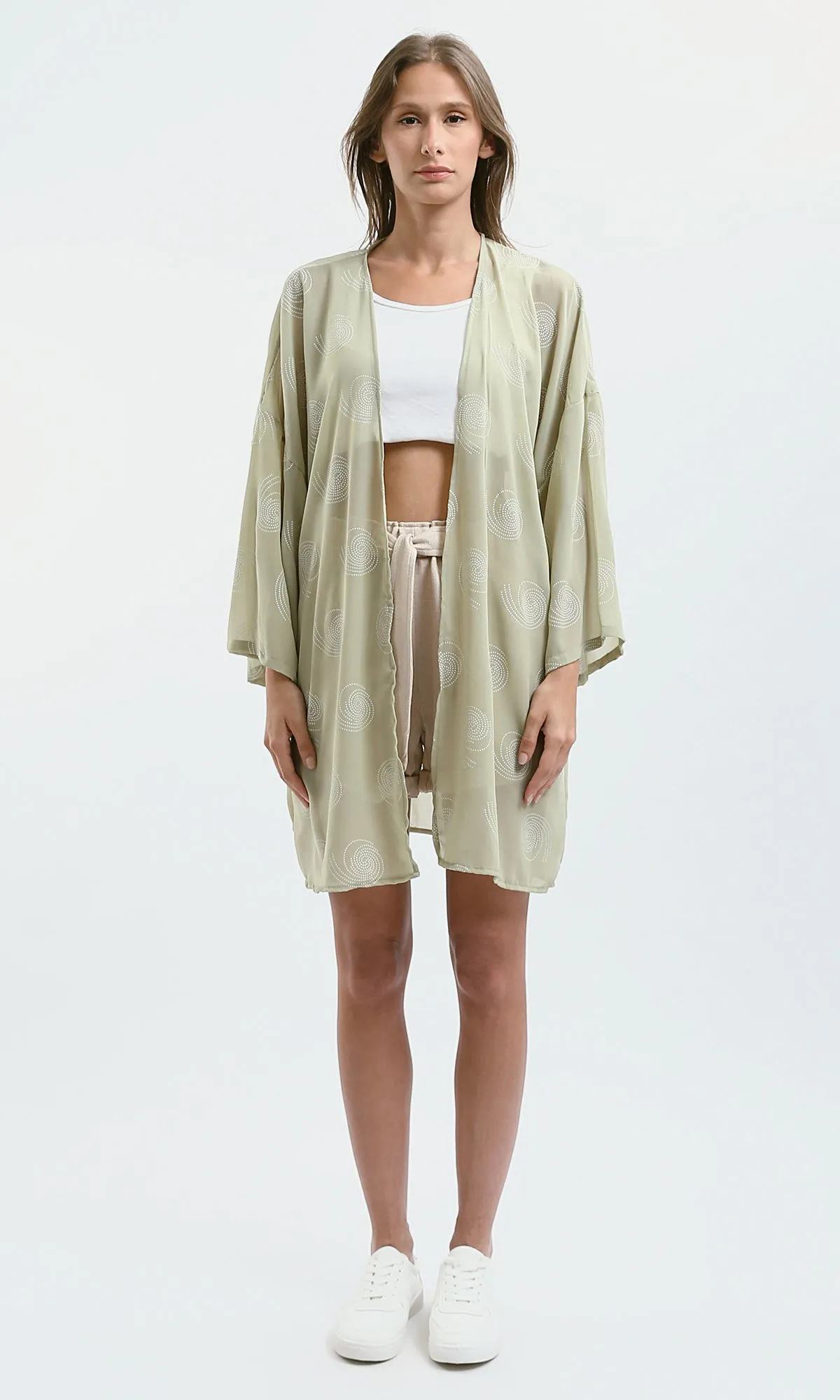 O187204 Casual Patterned Khaki Short Sleeves Cardigan