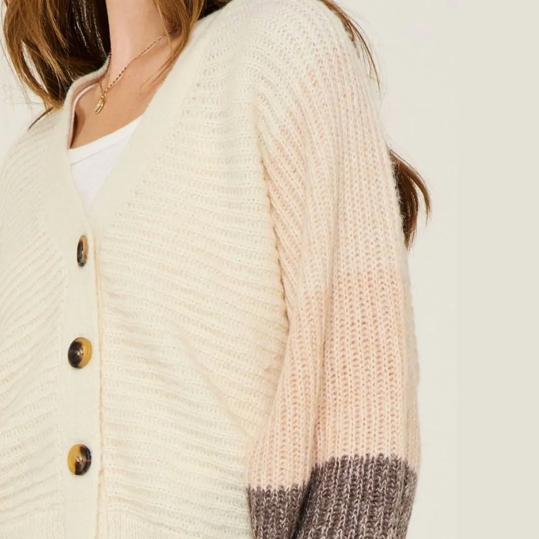 Ombre Sleeve Cardigan (Cream Mauve Charcoal)