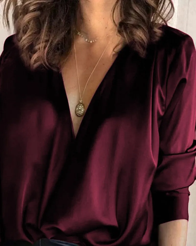 Satin V Neck Long Sleeve Top