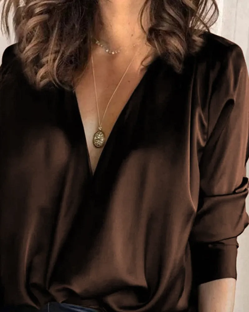 Satin V Neck Long Sleeve Top