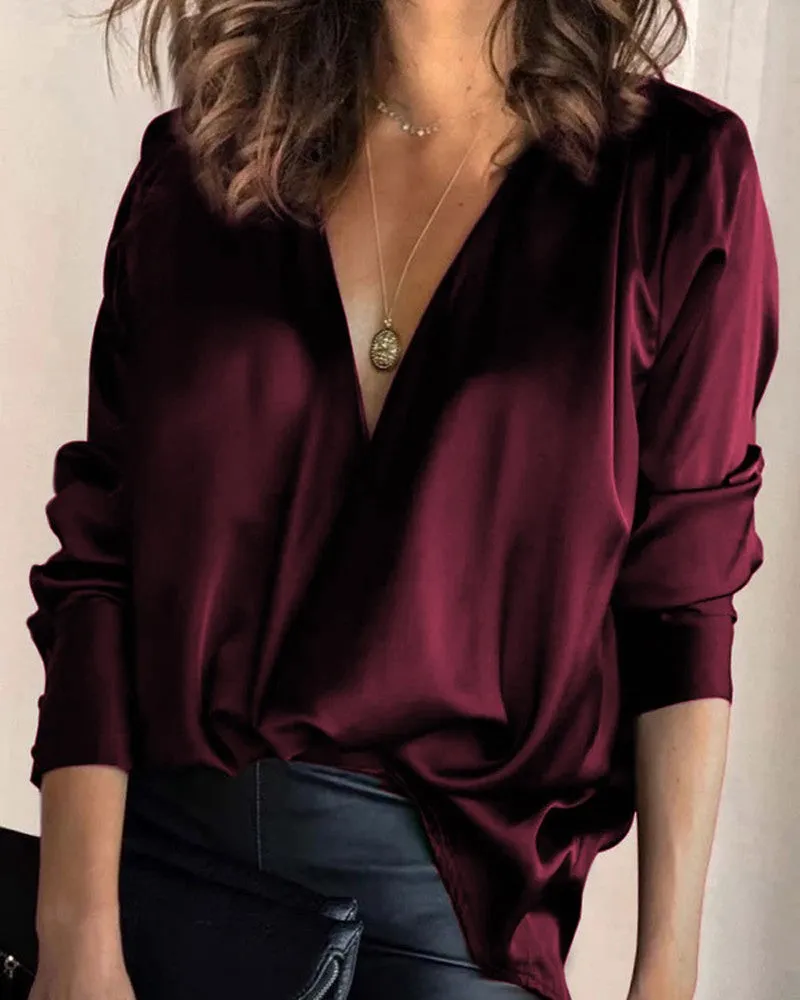 Satin V Neck Long Sleeve Top